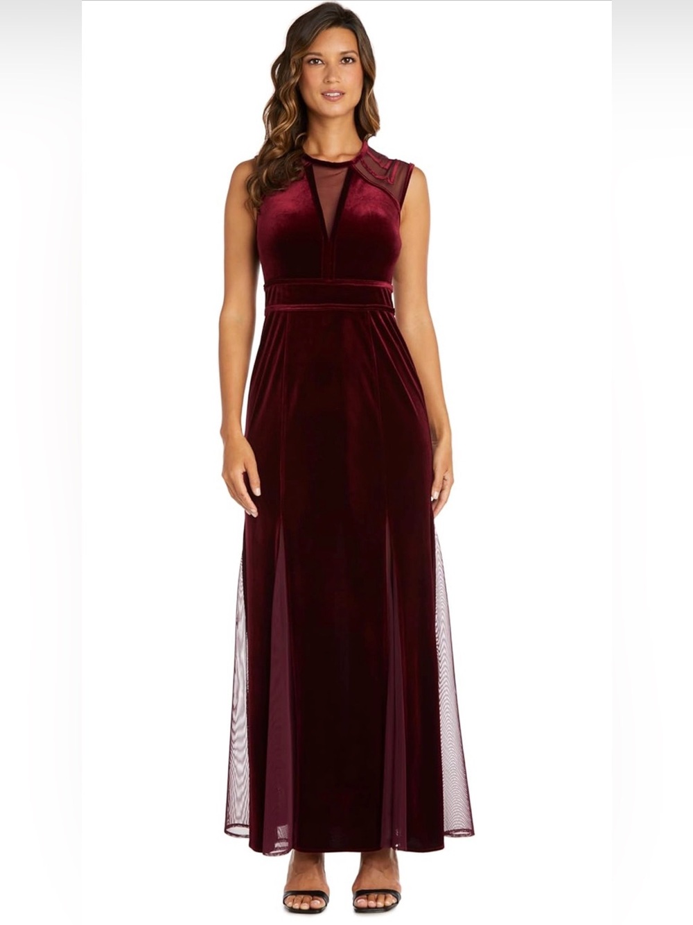 NWT Nightway Burgundy Velvet Mesh Formal Gown Petite 14P Evening Dress Sexy